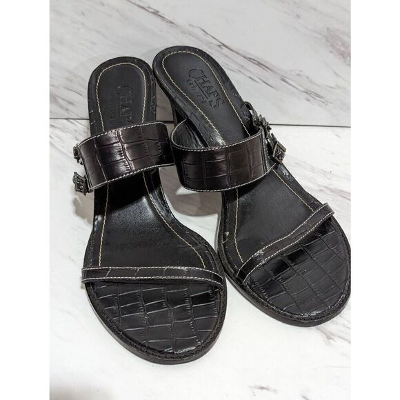 Chaps Women's Black Leather 3" Heel Croc Embossed Slide Kourtney Sandal Size 8 - Picture 7 of 12